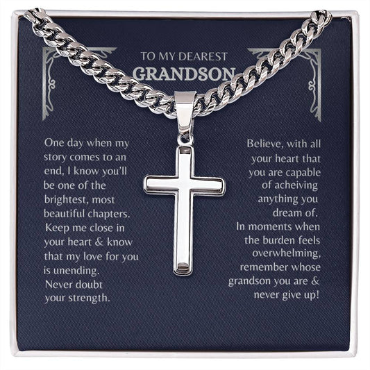 Grandson, Never Give Up | Cross Necklace w/Optional Engraving on Back