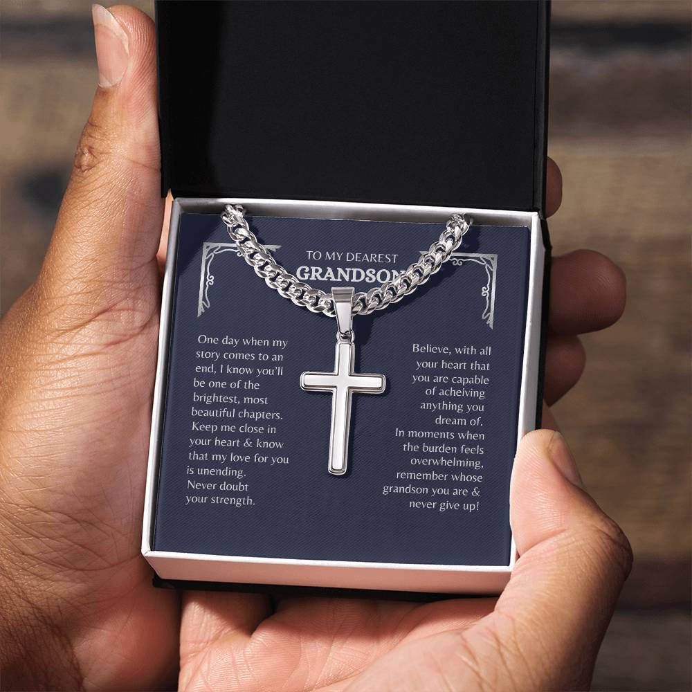 Grandson, Never Give Up | Cross Necklace w/Optional Engraving on Back