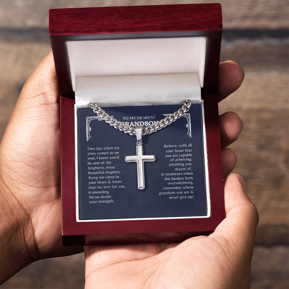 Grandson, Never Give Up | Cross Necklace w/Optional Engraving on Back