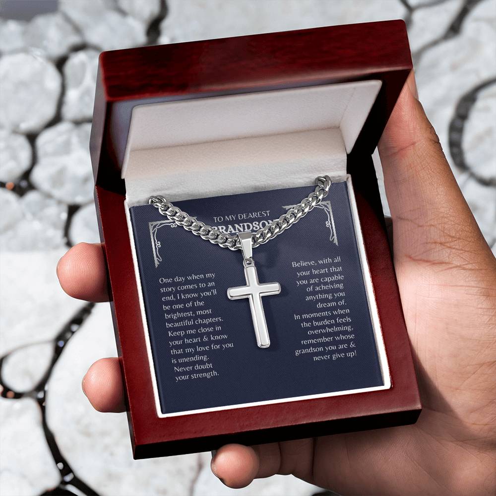 Grandson, Never Give Up | Cross Necklace w/Optional Engraving on Back